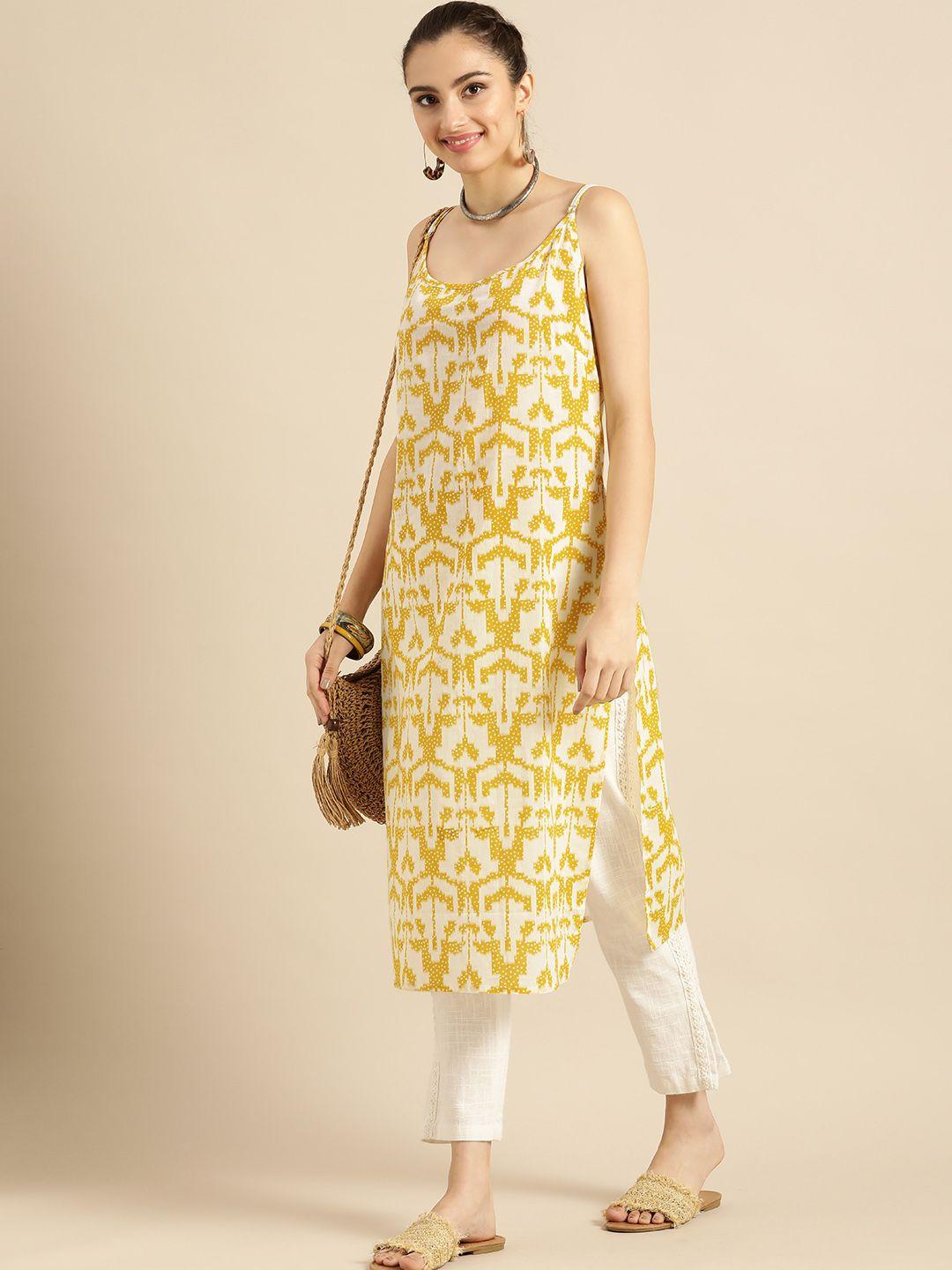 sangria women mustard yellow & yellow printed cotton kurta