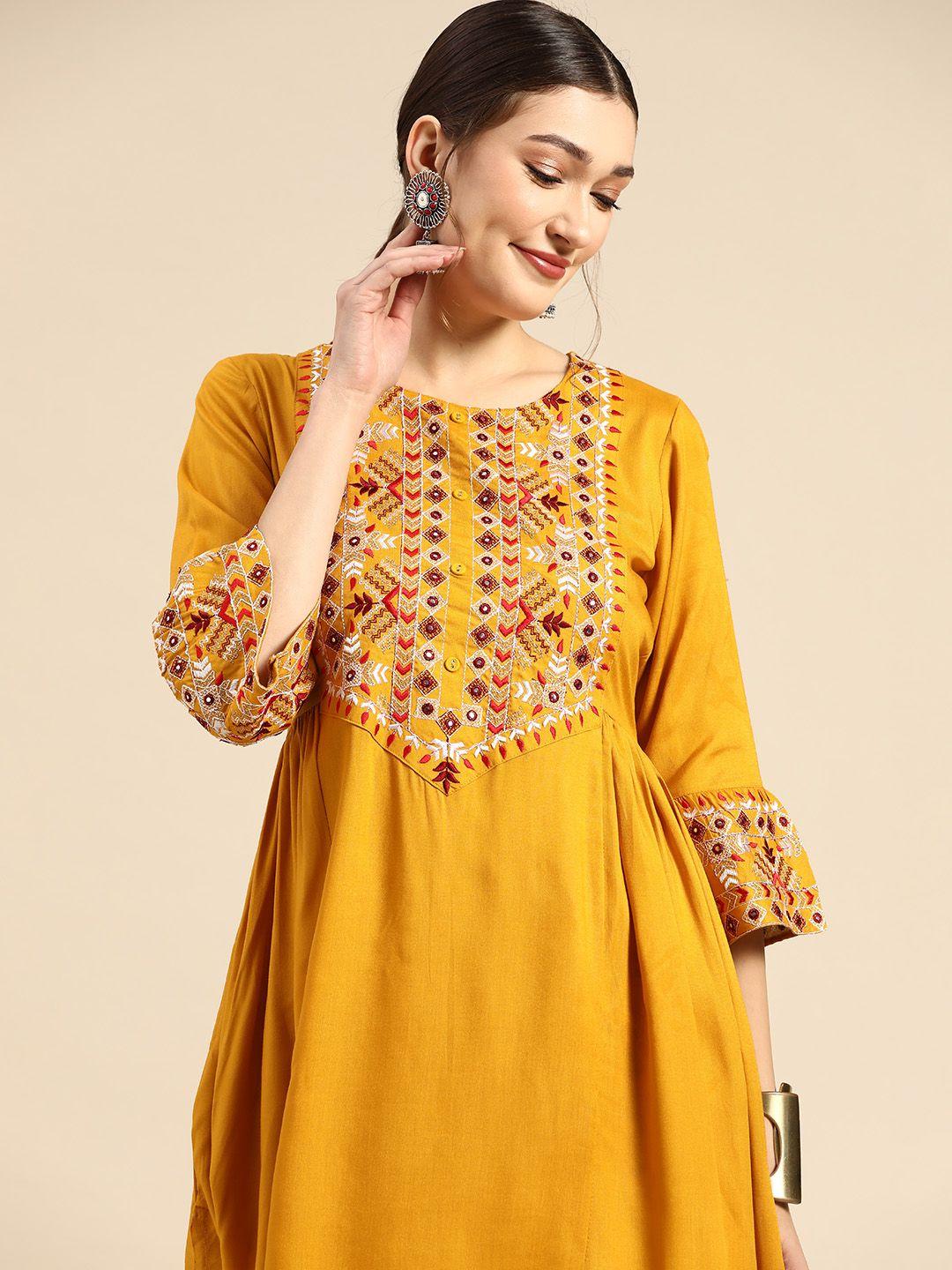 sangria women mustard yellow embroidered pleated mirror work kurta with palazzos