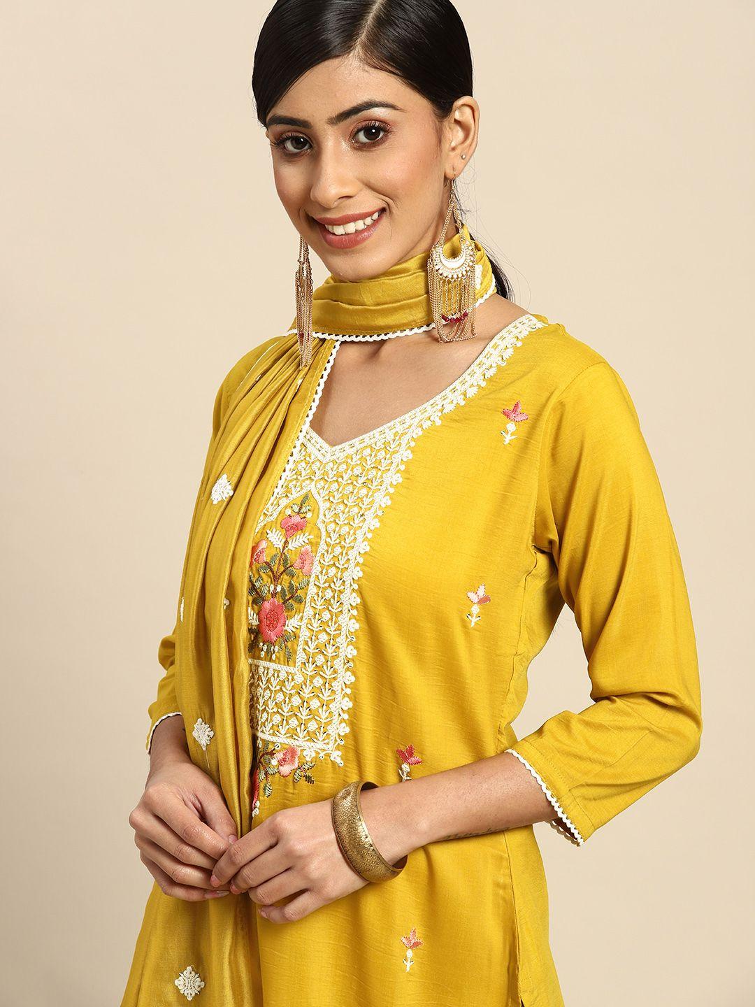 sangria women mustard yellow ethnic motifs embroidered kurta with trousers & dupatta