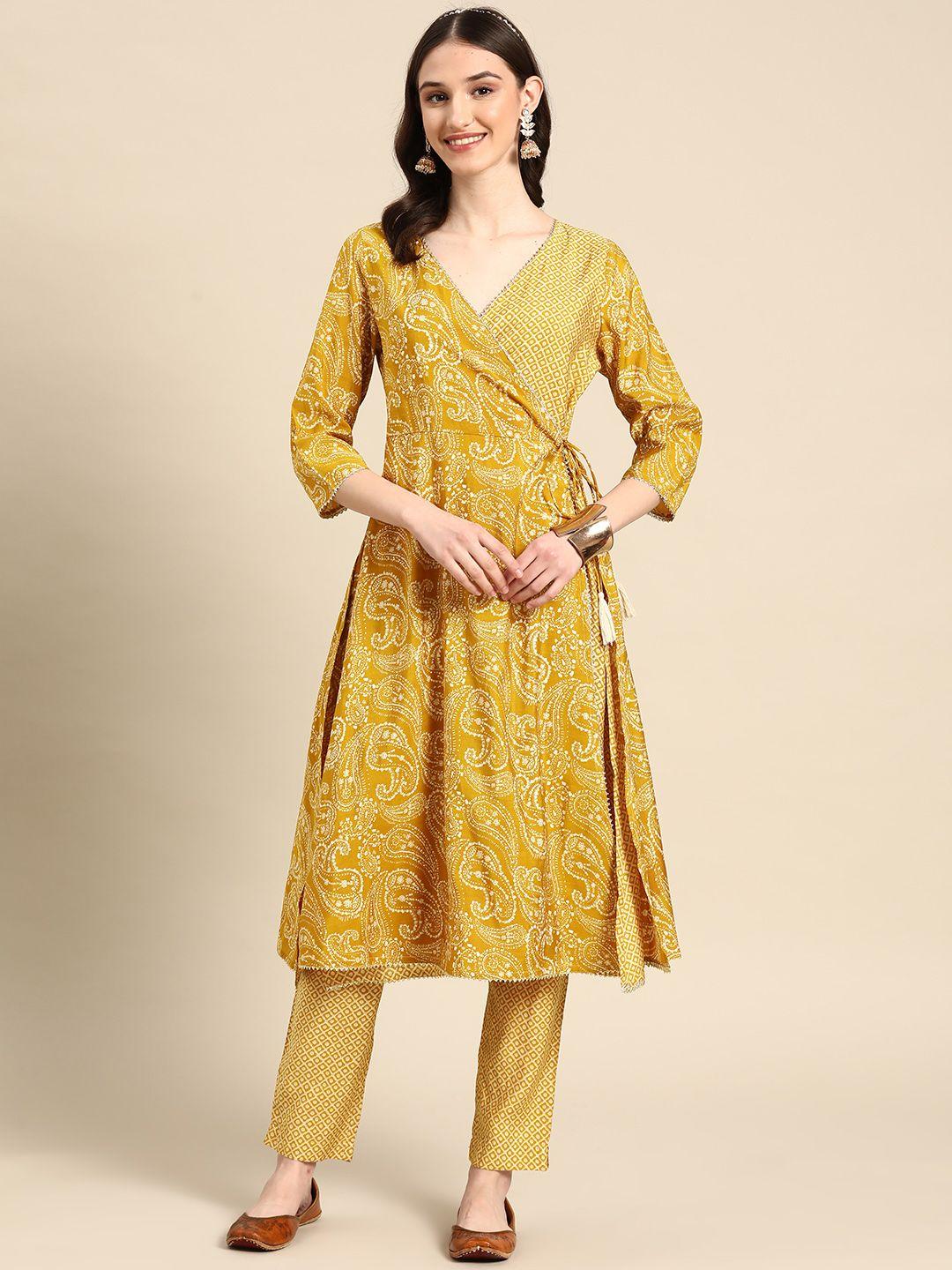 sangria women mustard yellow ethnic motifs printed angrakha gotta patti kurta with trousers