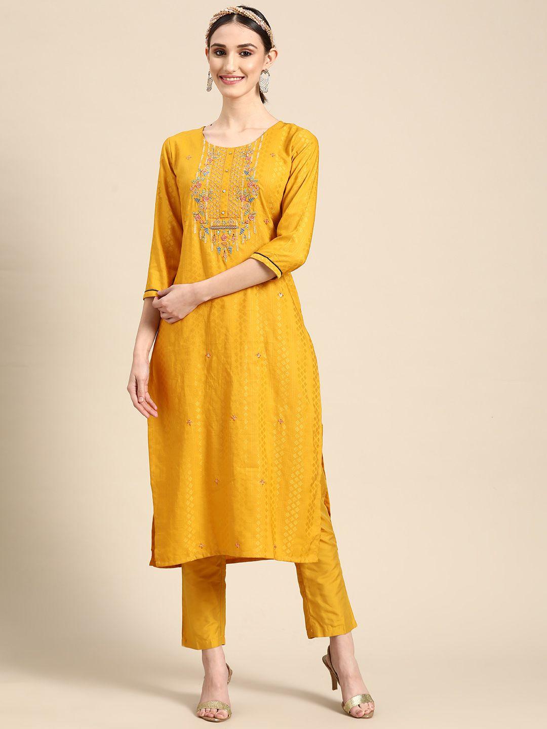 sangria women mustard yellow floral embroidered thread work kurta