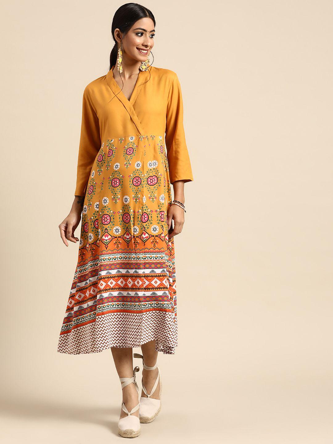 sangria women mustard yellow printed wrap ethnic dress