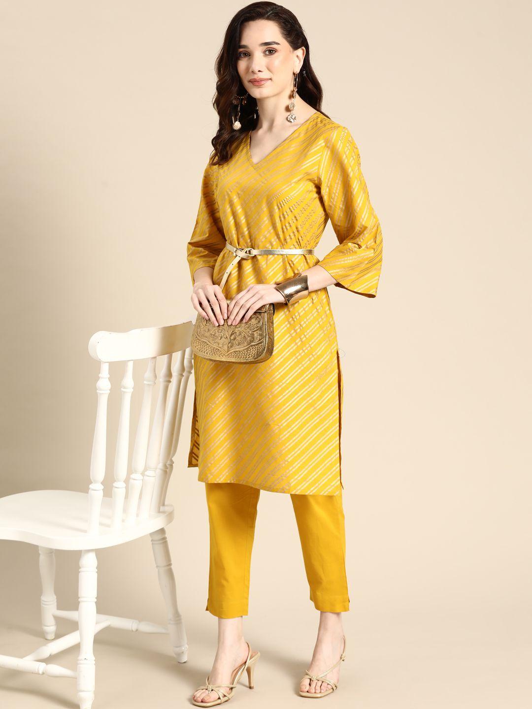 sangria women mustard yellow pure cotton striped kurta with trousers