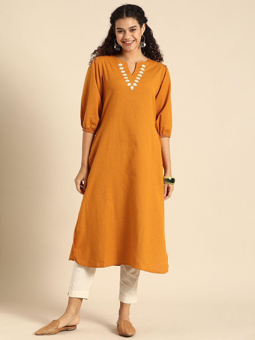 sangria women mustard yellow solid pure cotton straight kurta