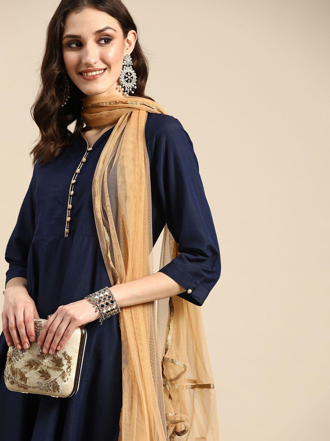 sangria women navy blue & beige embroidered anarkali kurta with dupatta