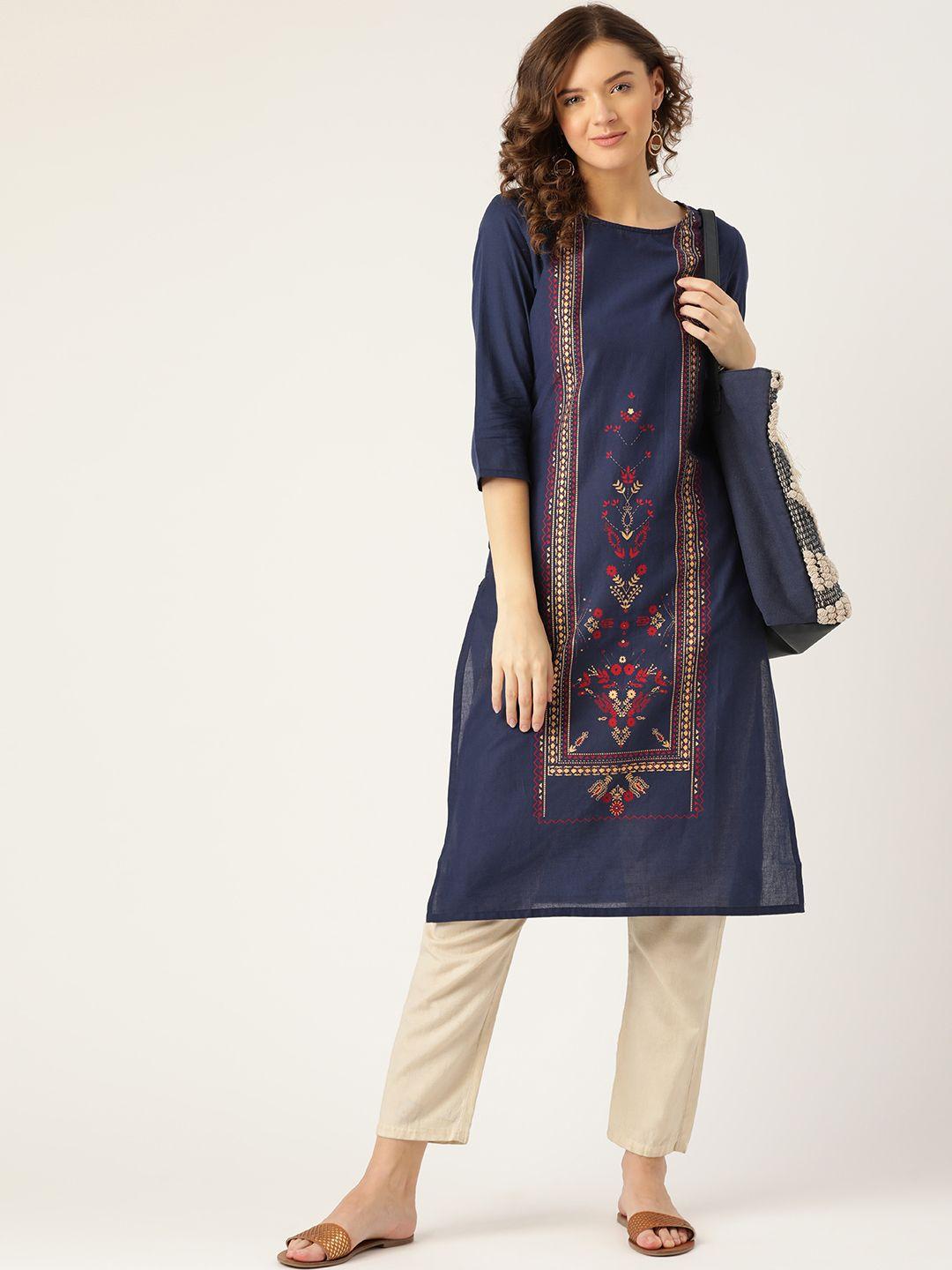 sangria women navy blue & beige pure cotton printed kurta