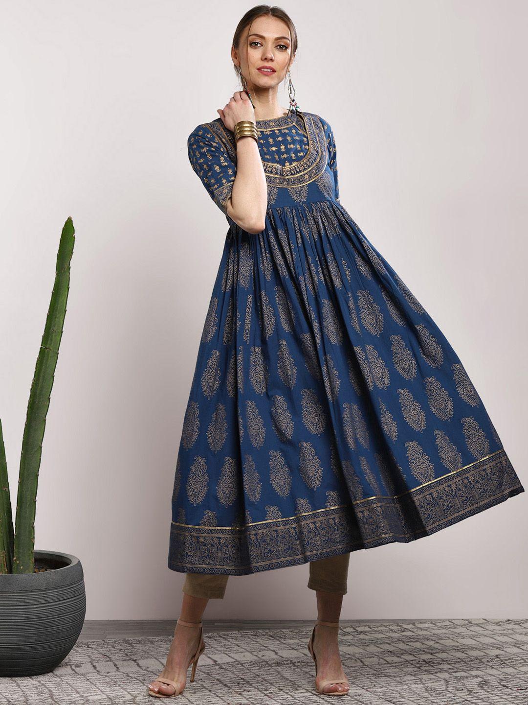 sangria women navy blue & gold-coloured printed anarkali kurta