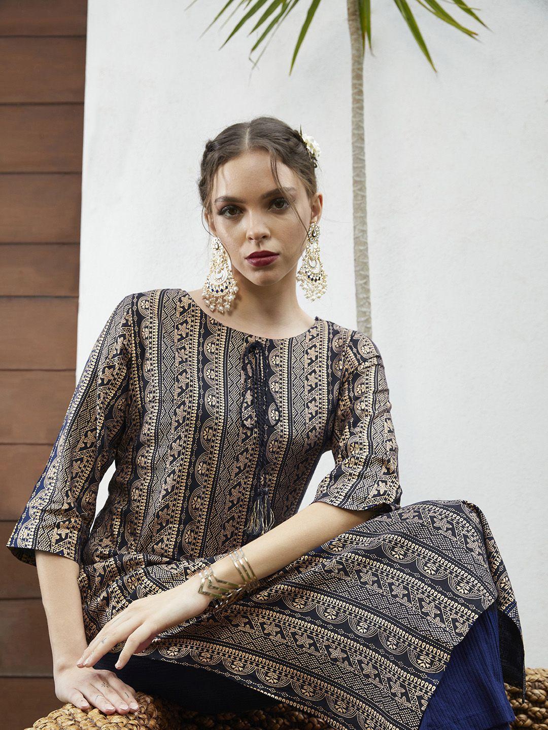 sangria women navy blue & gold-toned ethnic motifs printed kurta