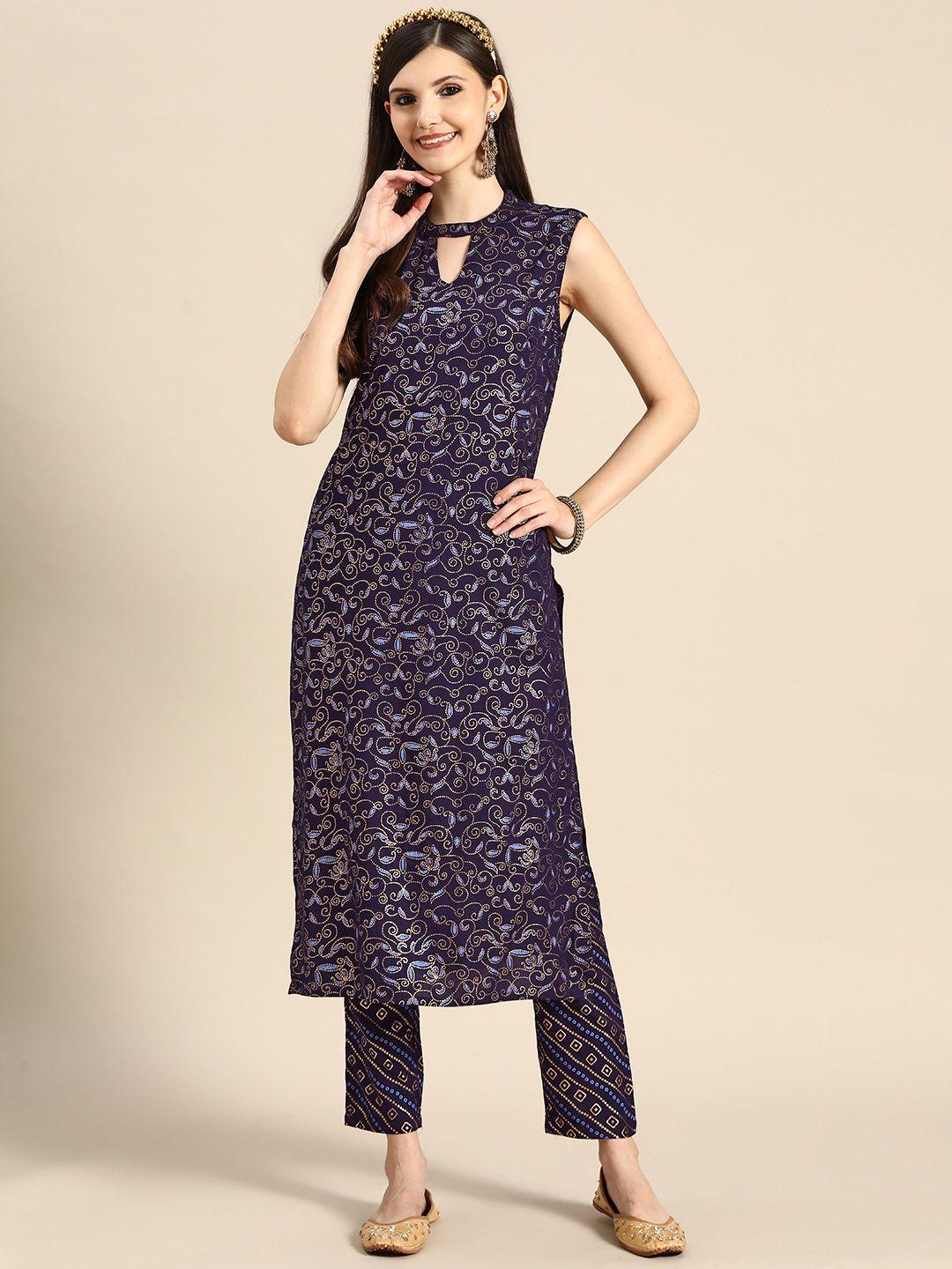 sangria women navy blue & golden ethnic motifs printed kurta with trousers