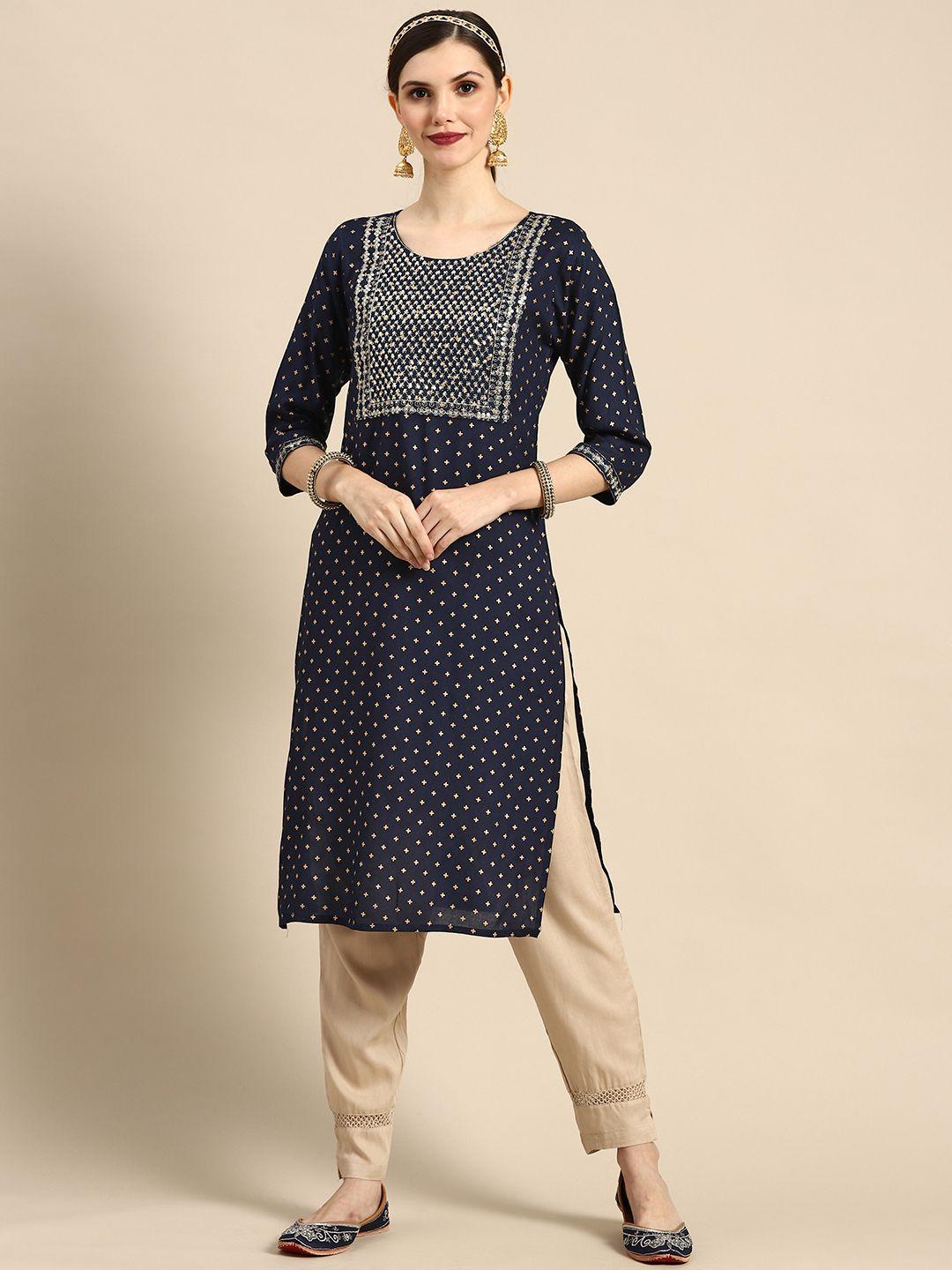 sangria women navy blue & golden geometric embroidered kurta