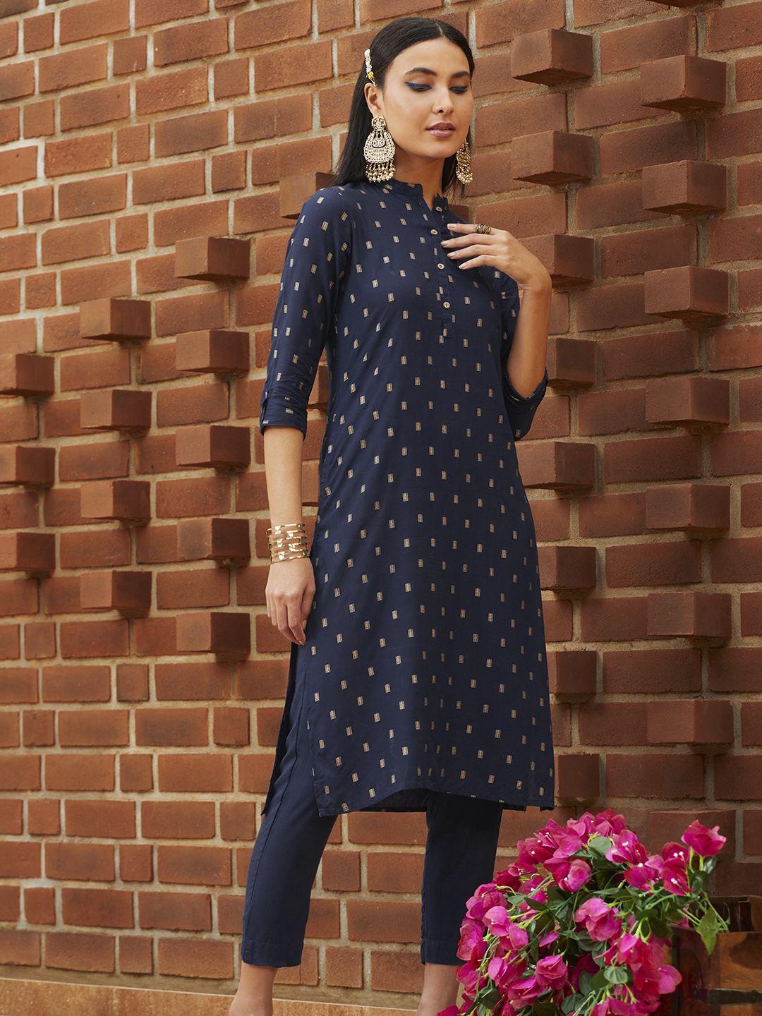 sangria women navy blue & golden printed kurta with trousers