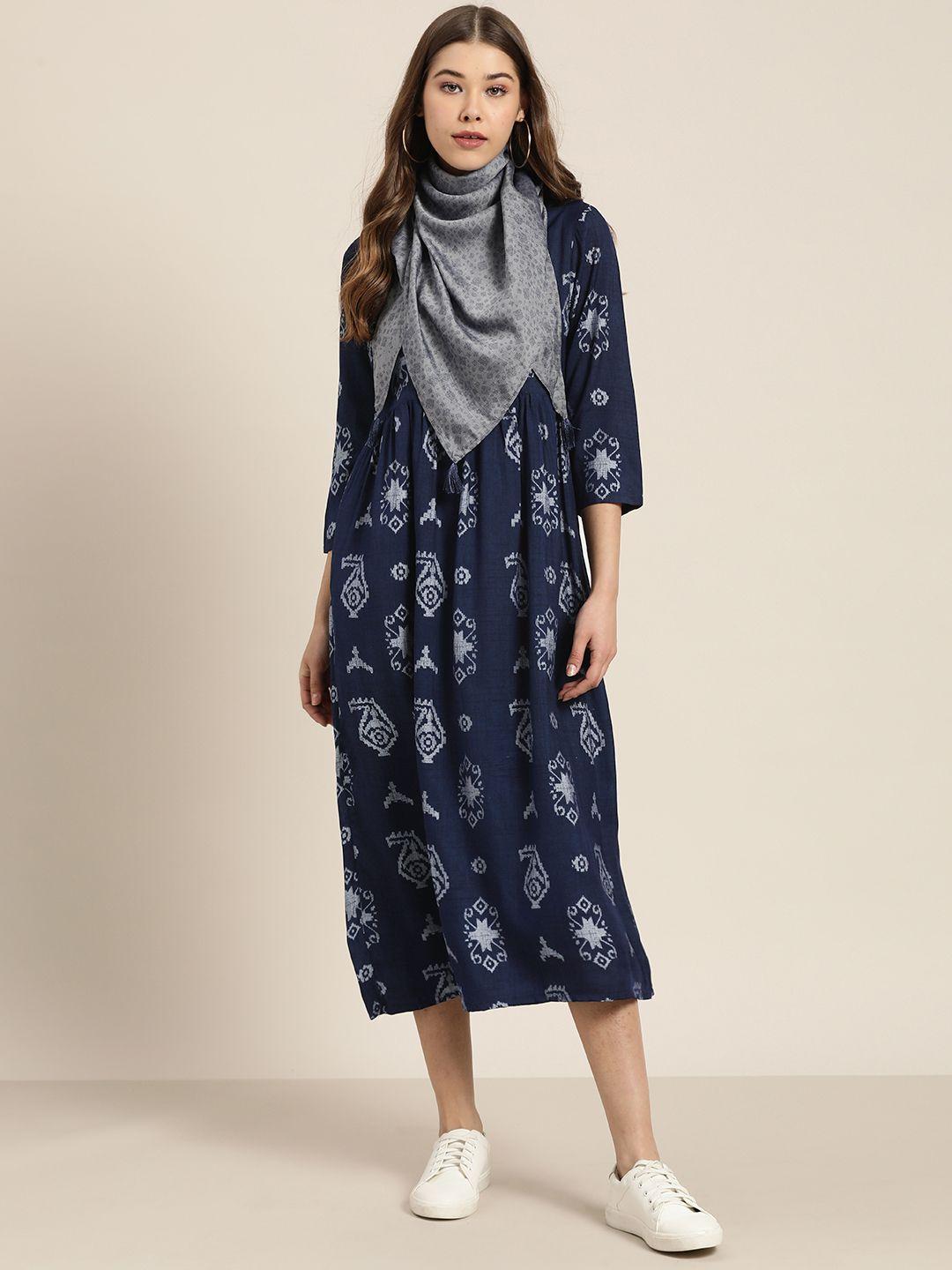 sangria women navy blue & grey printed a-line dress with stole