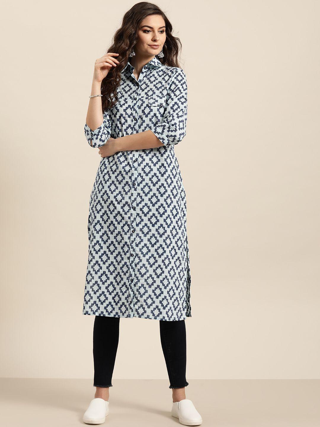 sangria women navy blue & grey pure cotton geometric printed kurta