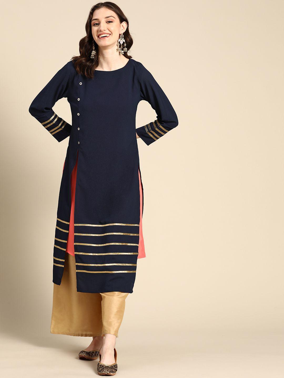 sangria women navy blue & orange kurta with slip