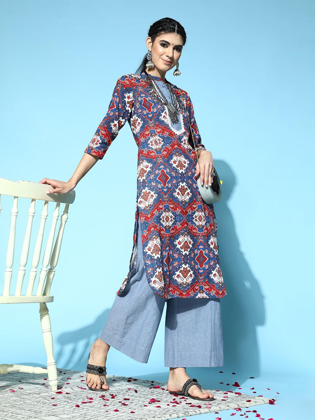 sangria women navy blue & red ethnic motifs printed pure cotton kurta with palazzos