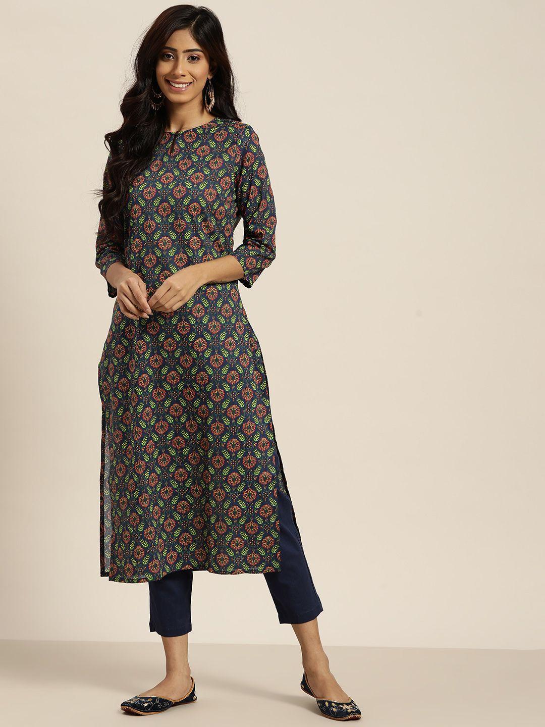 sangria women navy blue & red motifs regular cotton straight kurta with trousers