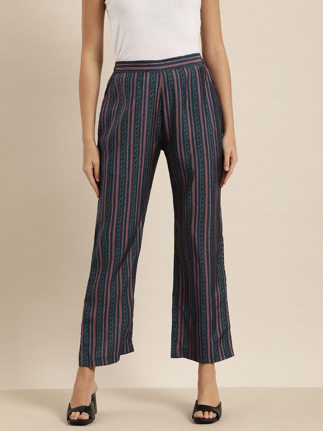 sangria women navy blue & red striped printed trousers