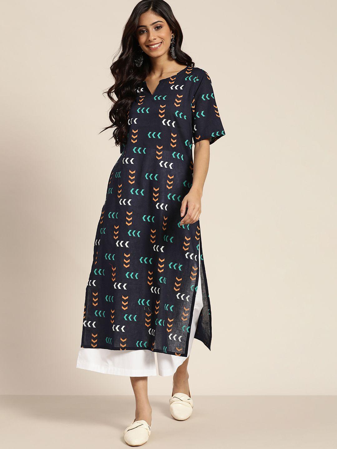 sangria women navy blue & white geometric print pure cotton straight kurta