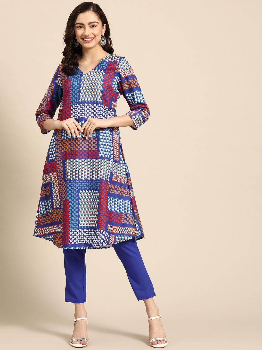 sangria women navy blue & white printed a-line kurta with trousers