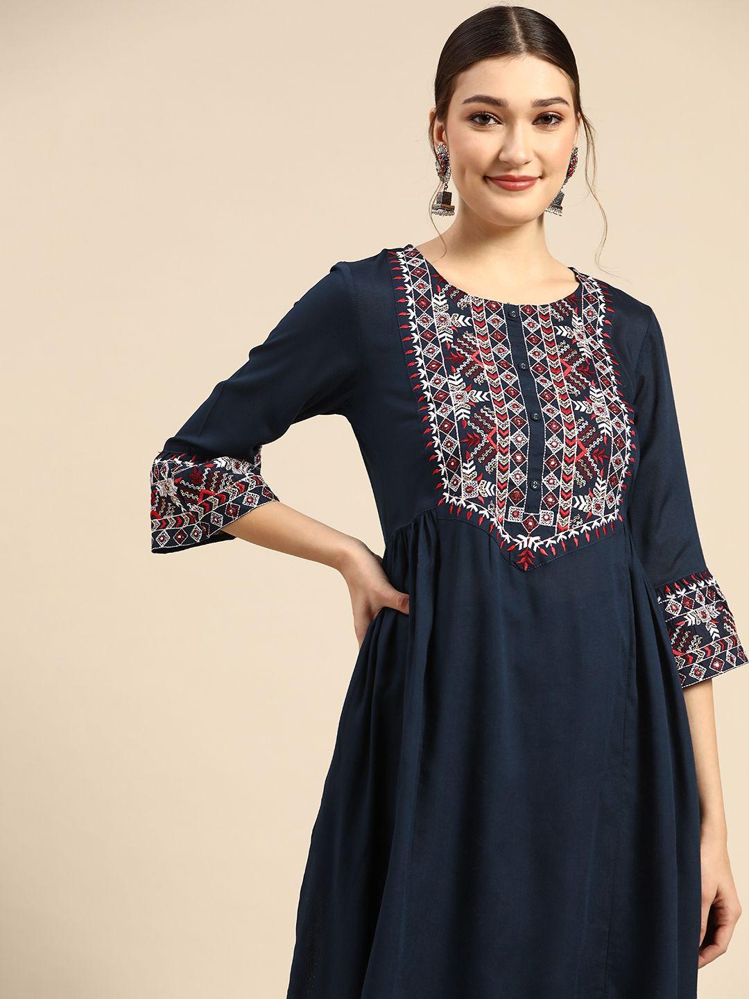 sangria women navy blue ethnic motifs embroidered pleated mirror work kurta with palazzos