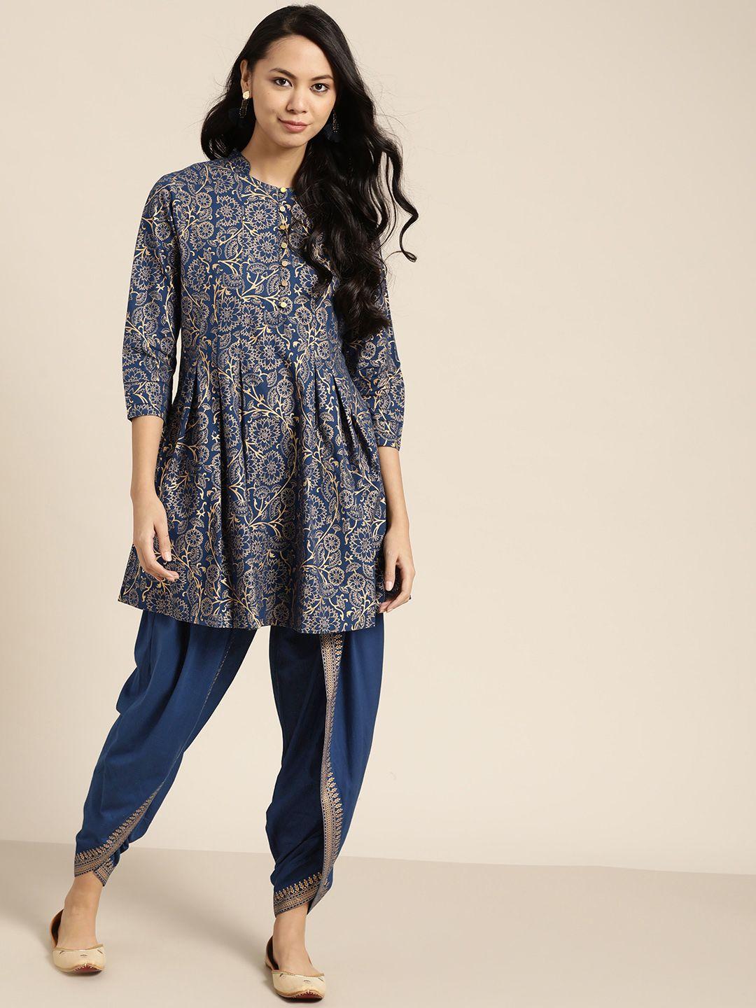 sangria women navy blue ethnic motifs printed pleated pure cotton kurti with dhoti pants