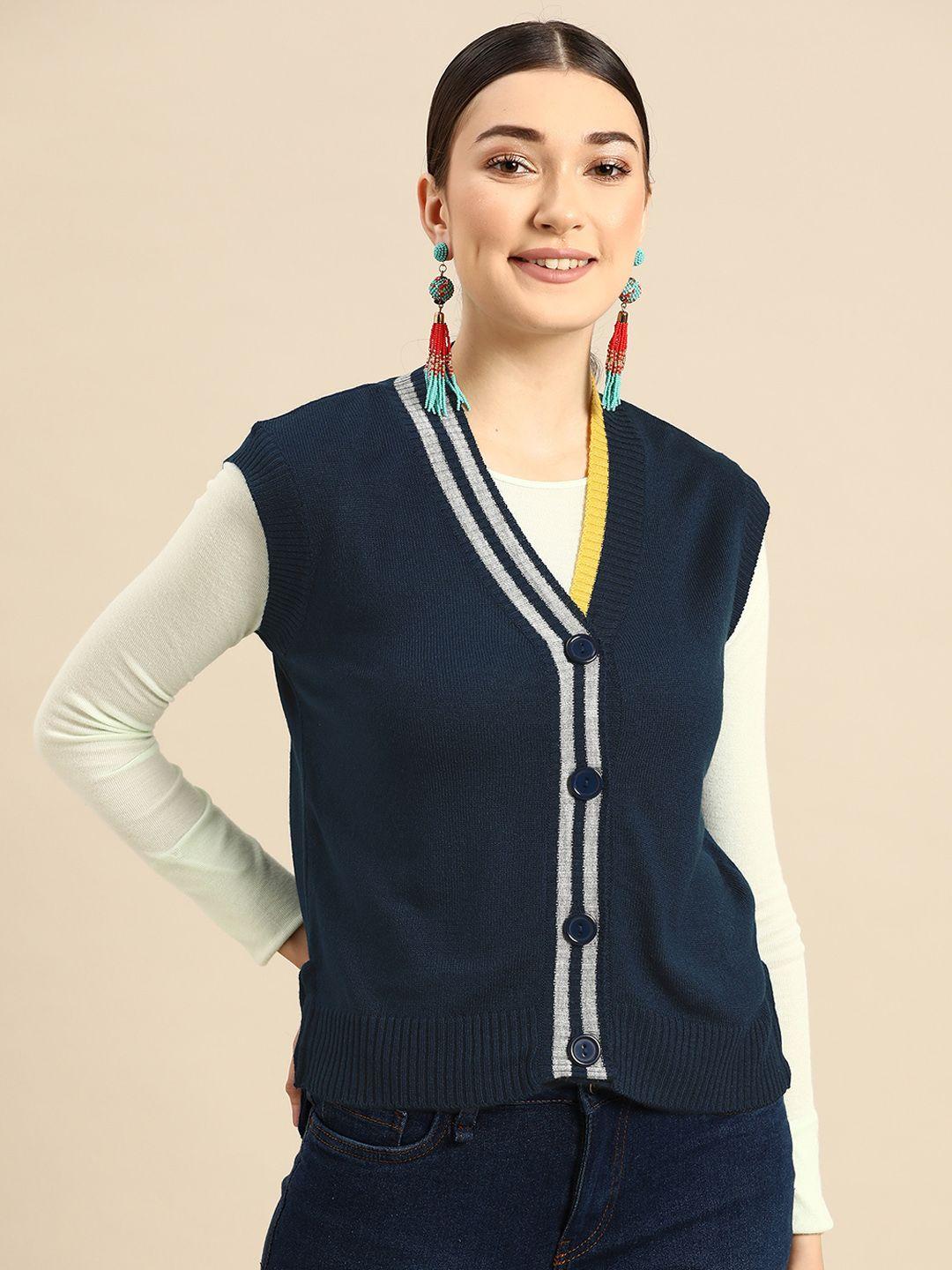 sangria women navy blue solid sweater vest