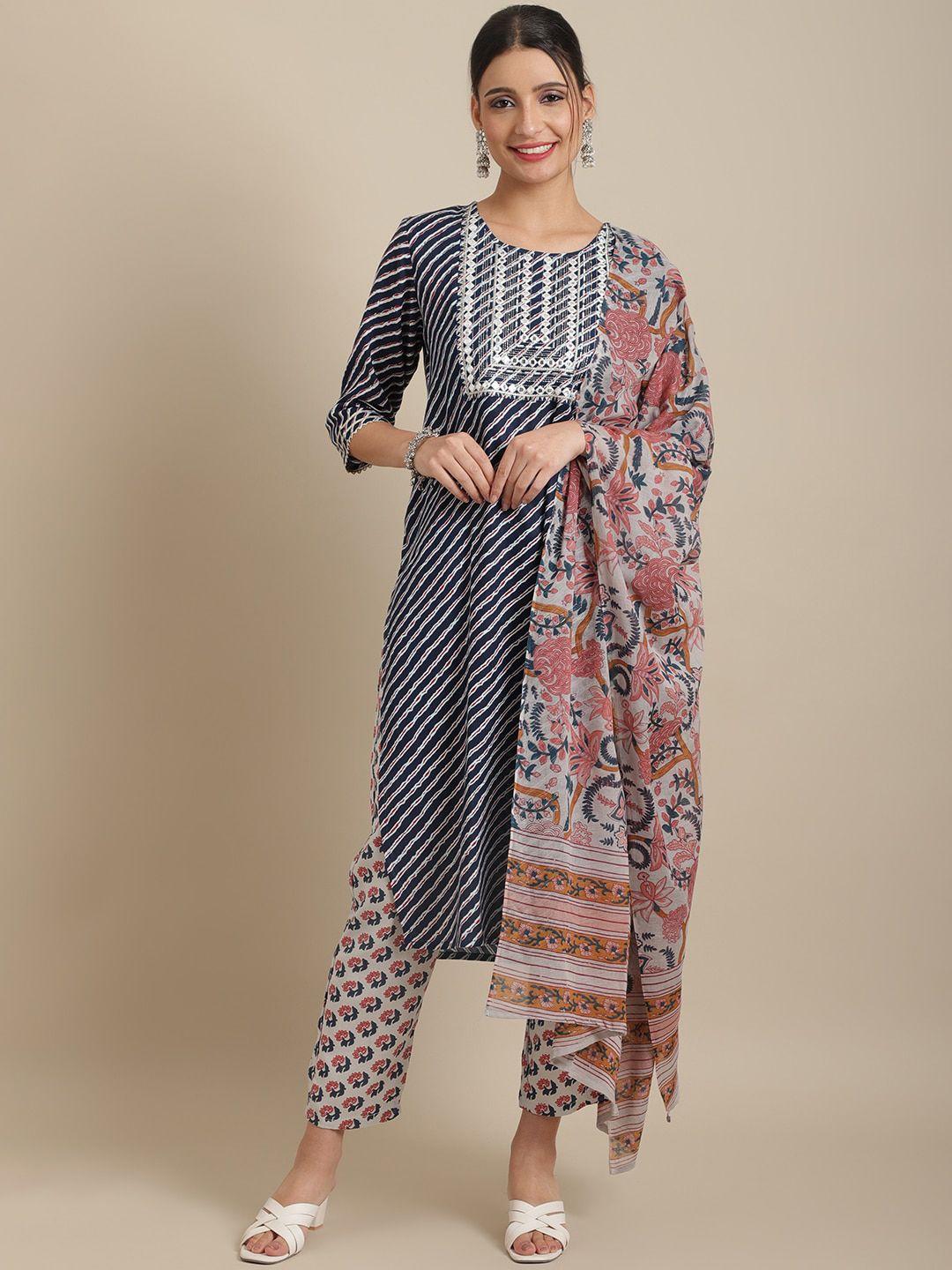 sangria women navy blue striped empire kurta with trousers & with dupatta