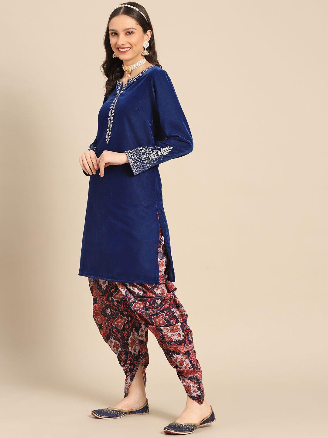 sangria women navy blue velvet finish kurta with dhoti pants