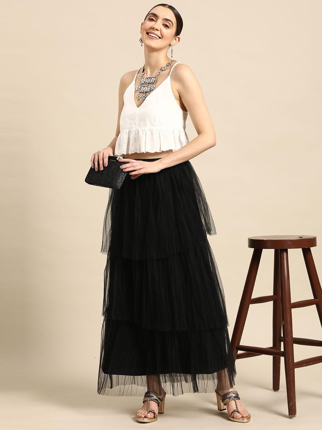 sangria women net tiered elasticated waist maxi skirt