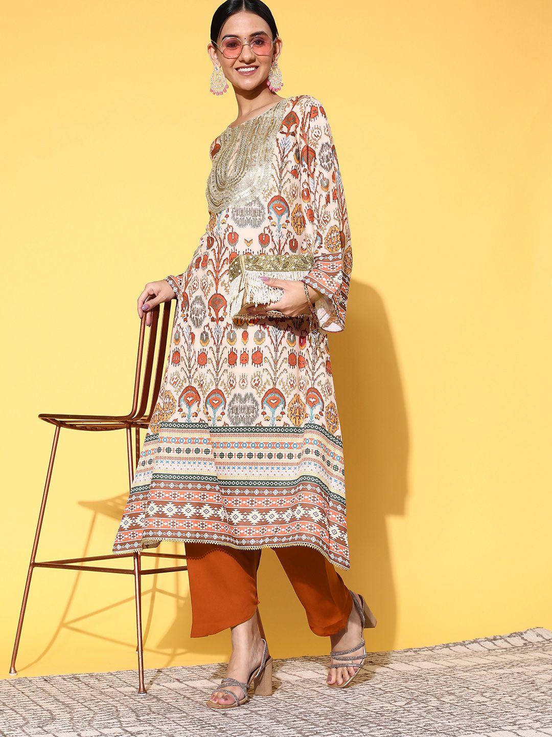 sangria women oatmeal beige printed a-line kurta with trousers