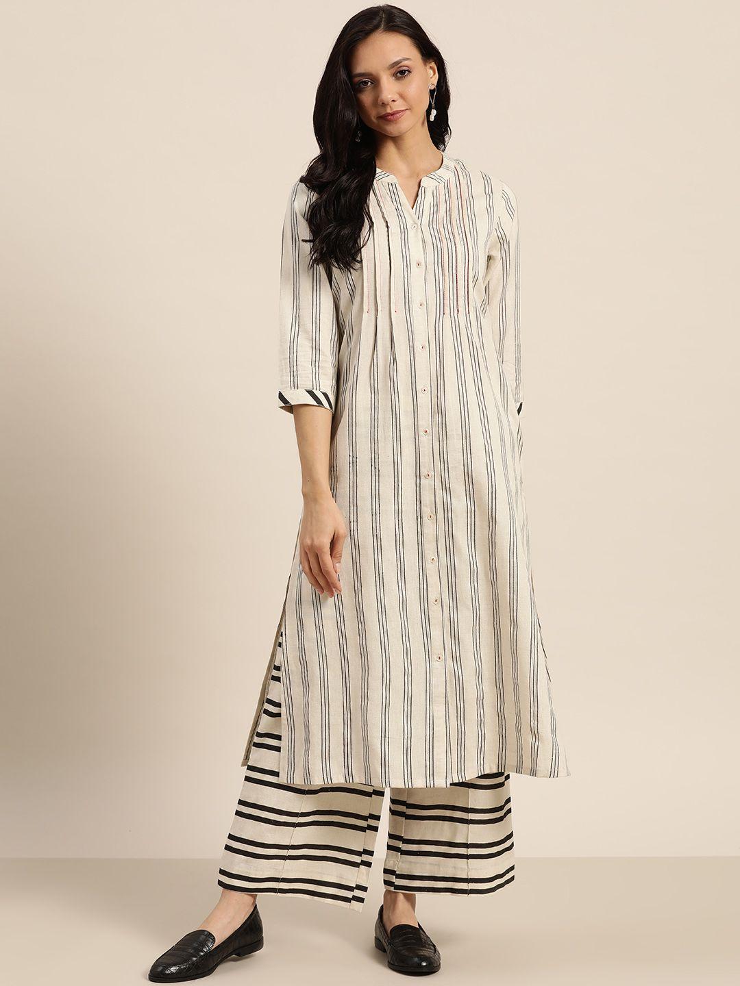 sangria women off white & black pure cotton striped kurta with palazzos