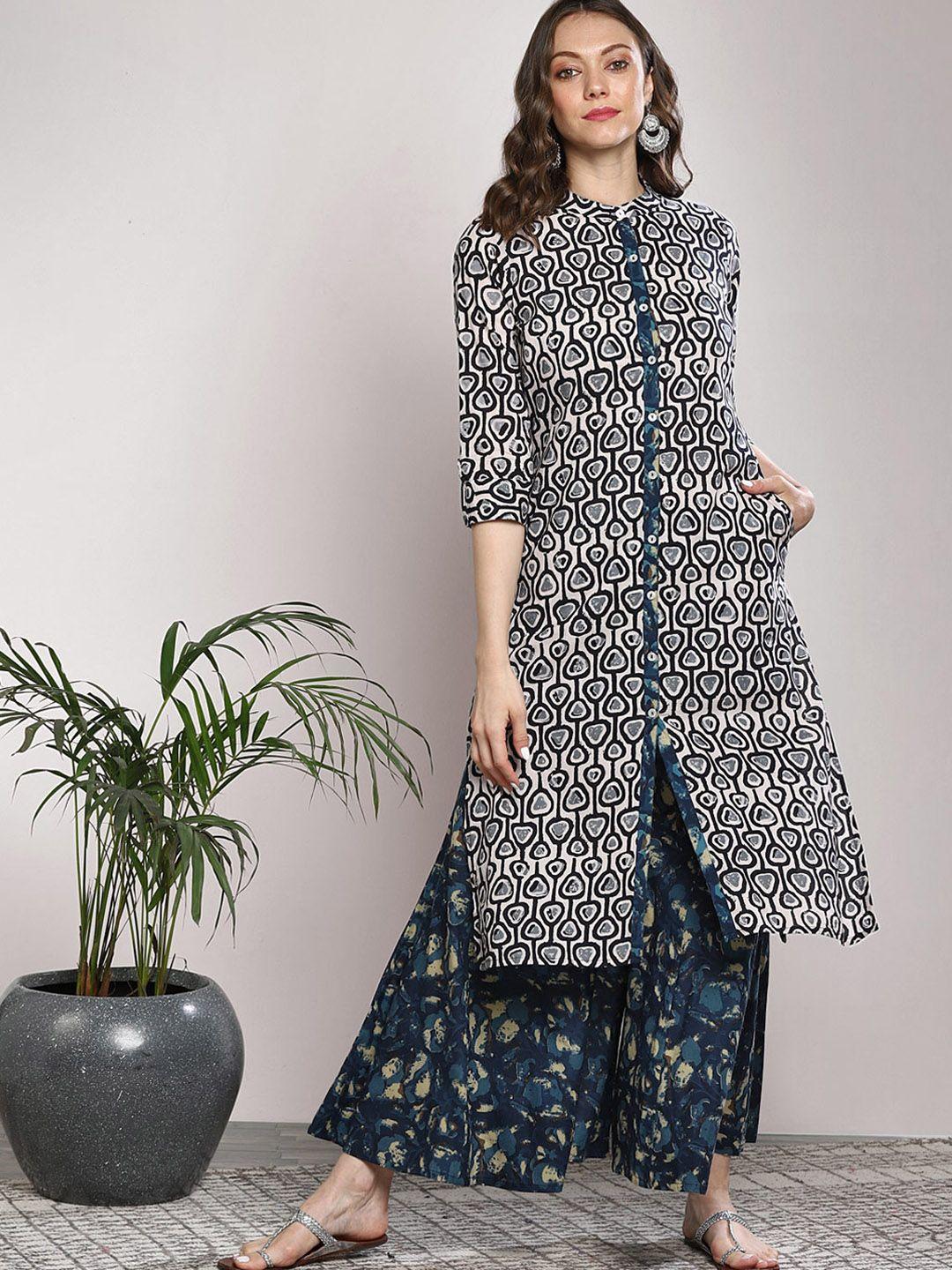 sangria women off-white & blue printed kurta with palazzos