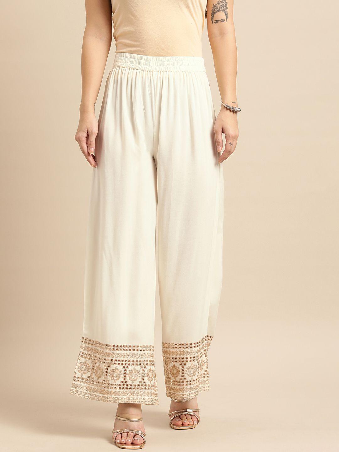 sangria women off white & gold-toned schiffli detail ethnic palazzos