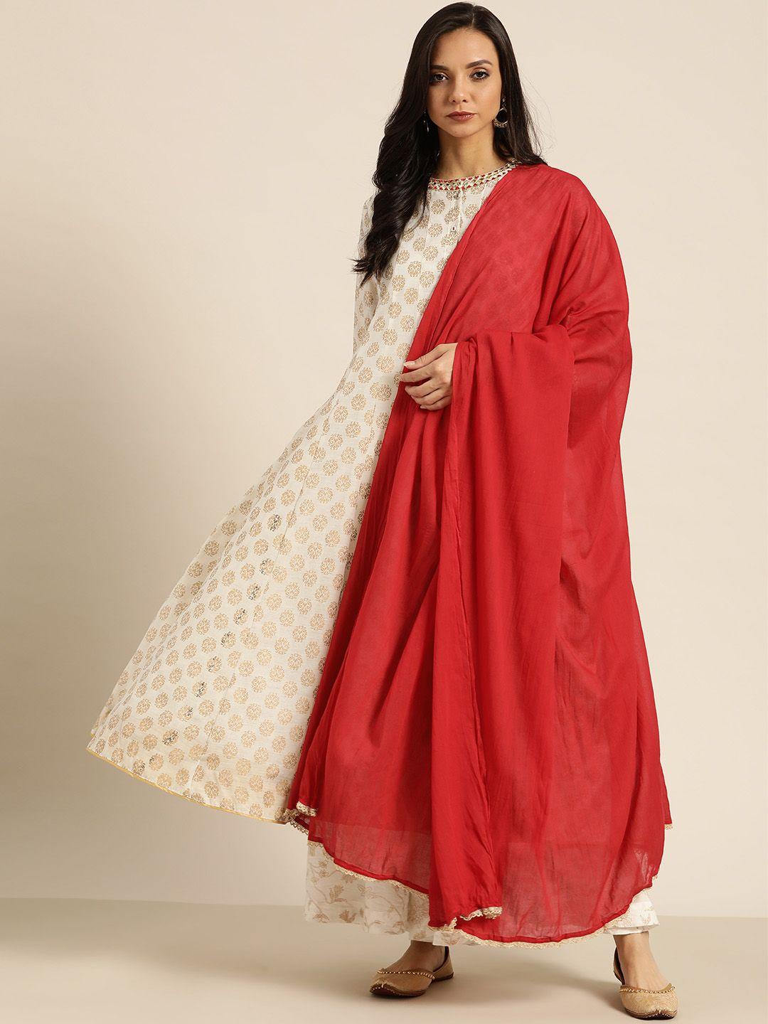 sangria women off-white & golden printed kurta with palazzos & dupatta