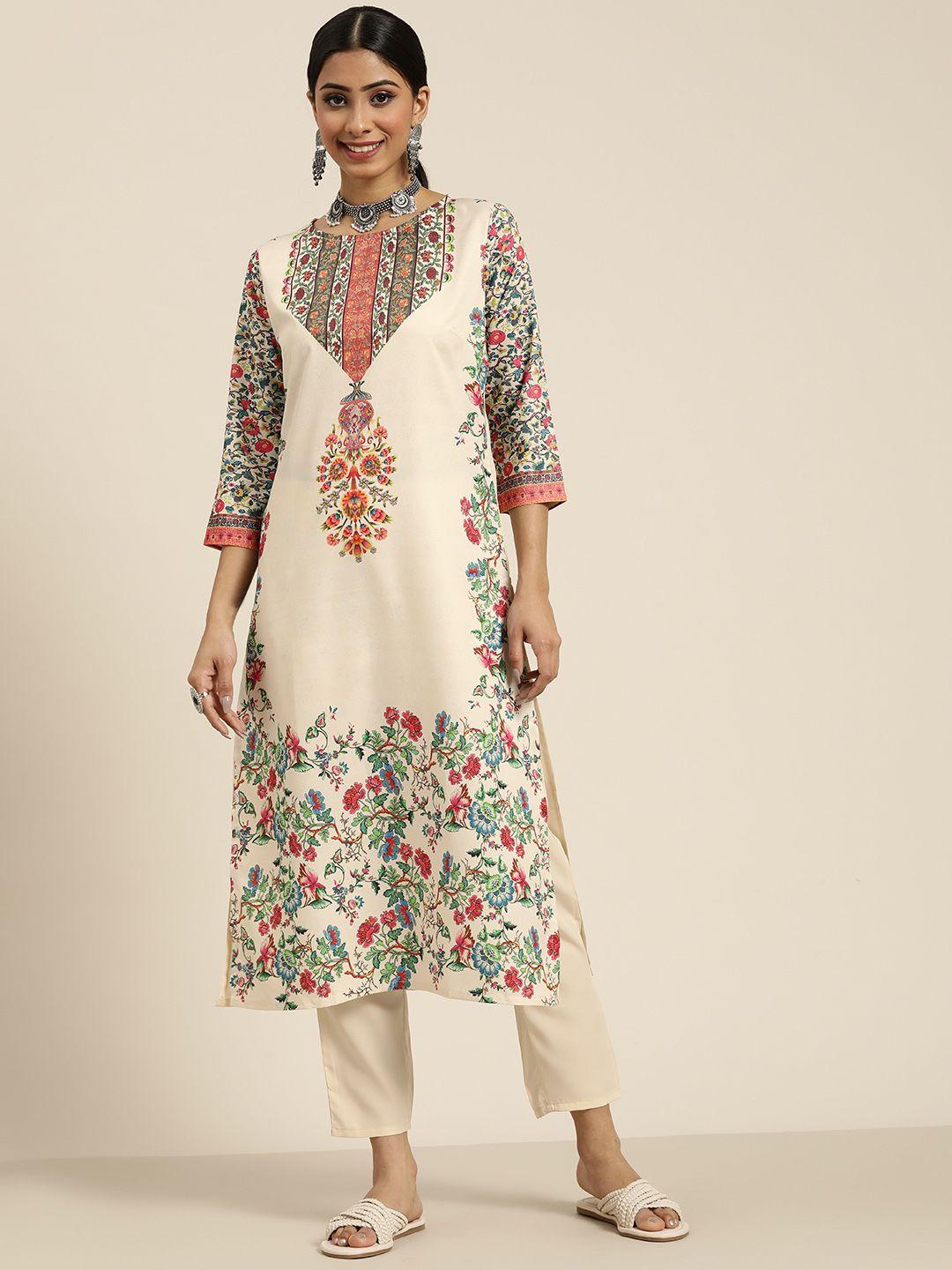 sangria women off-white & green floral print straight kurta with trousers