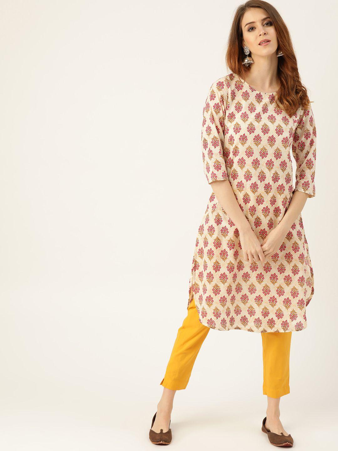 sangria women off-white & mustard yellow printed kurta with trousers
