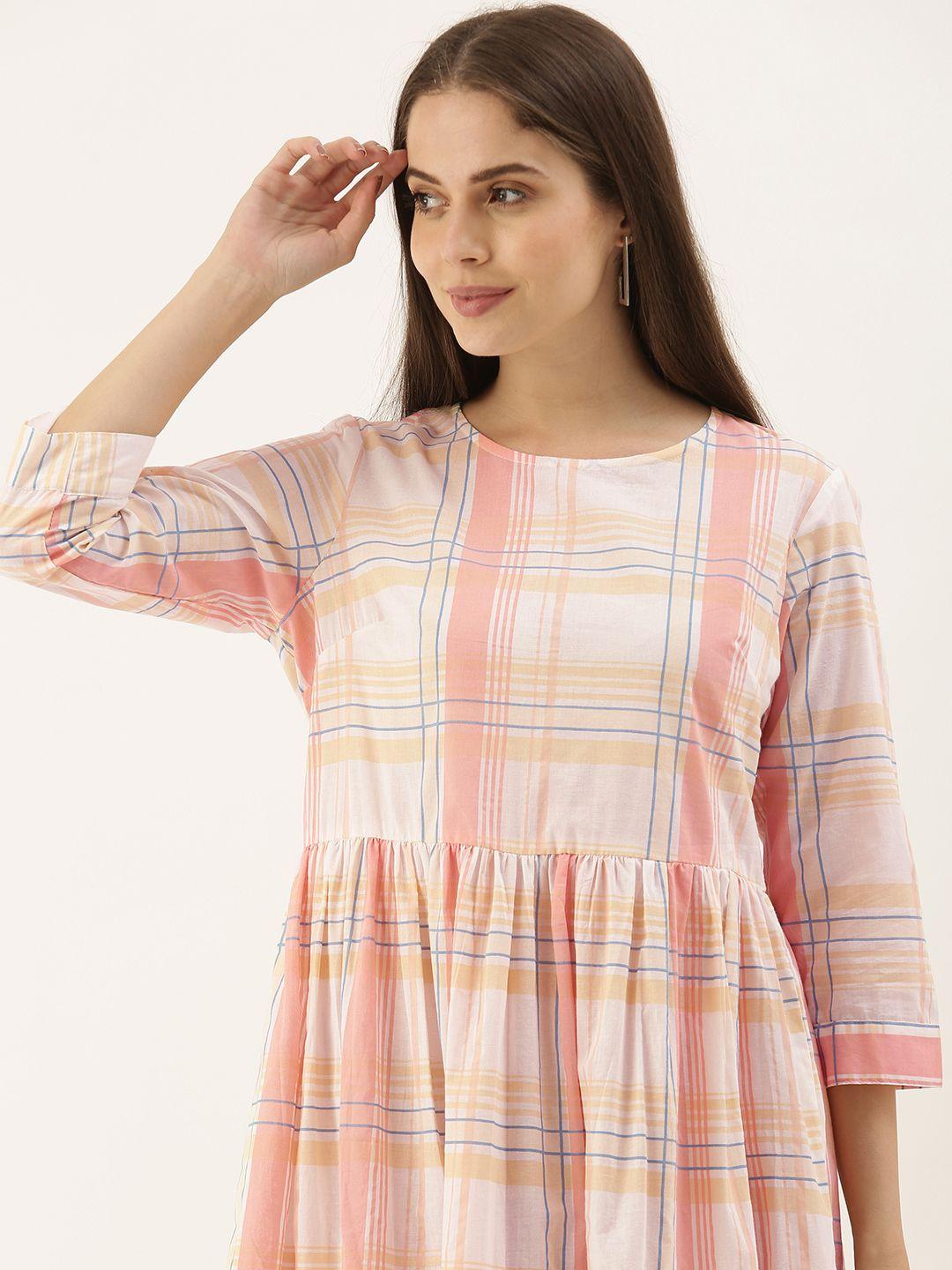 sangria women off white & pink checked maxi dress