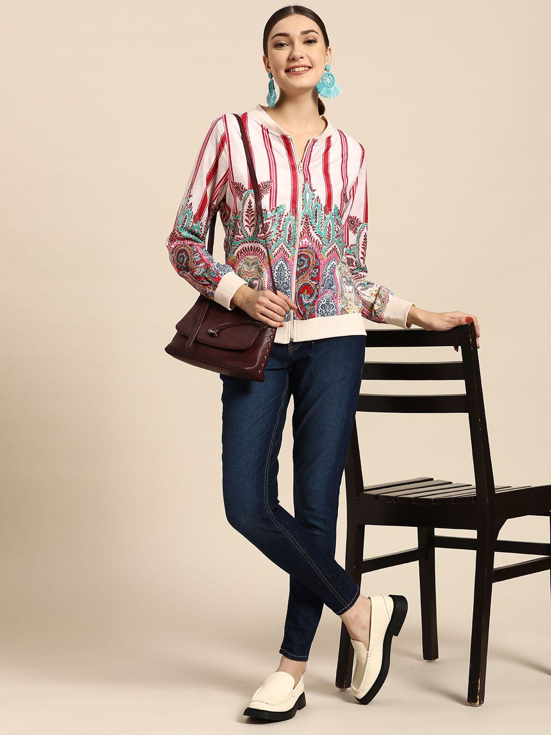 sangria women off white & pink ethnic motifs printed zipper sweatshirt