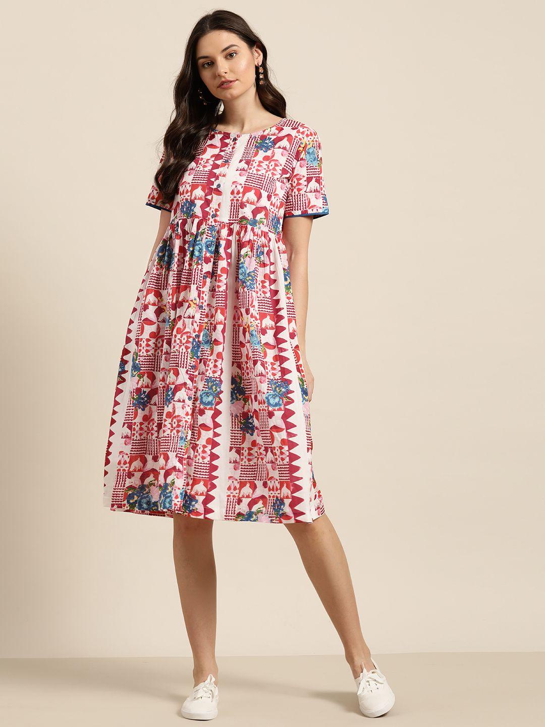 sangria women off-white & red pure cotton printed a-line dress