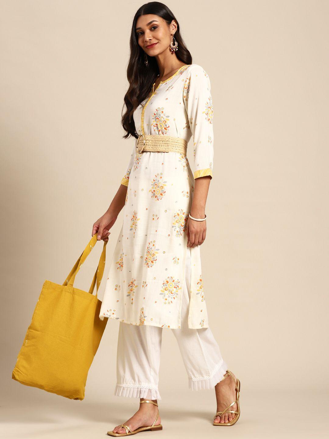 sangria women off white & yellow ethnic motifs printed kurta