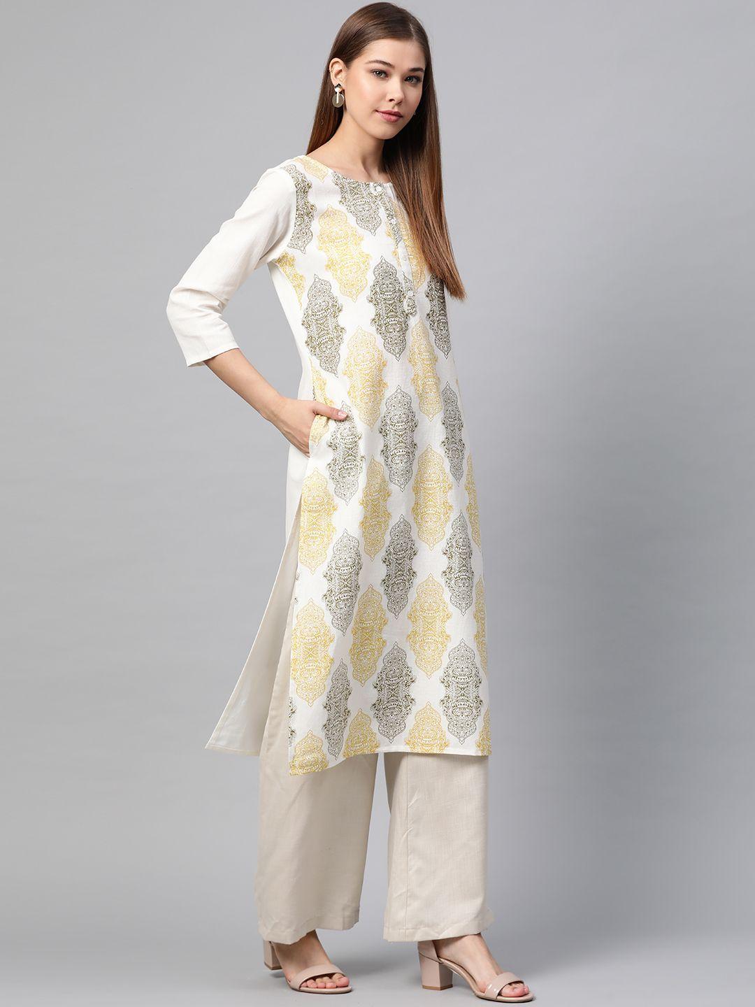 sangria women off-white & yellow indie printed straight kurta