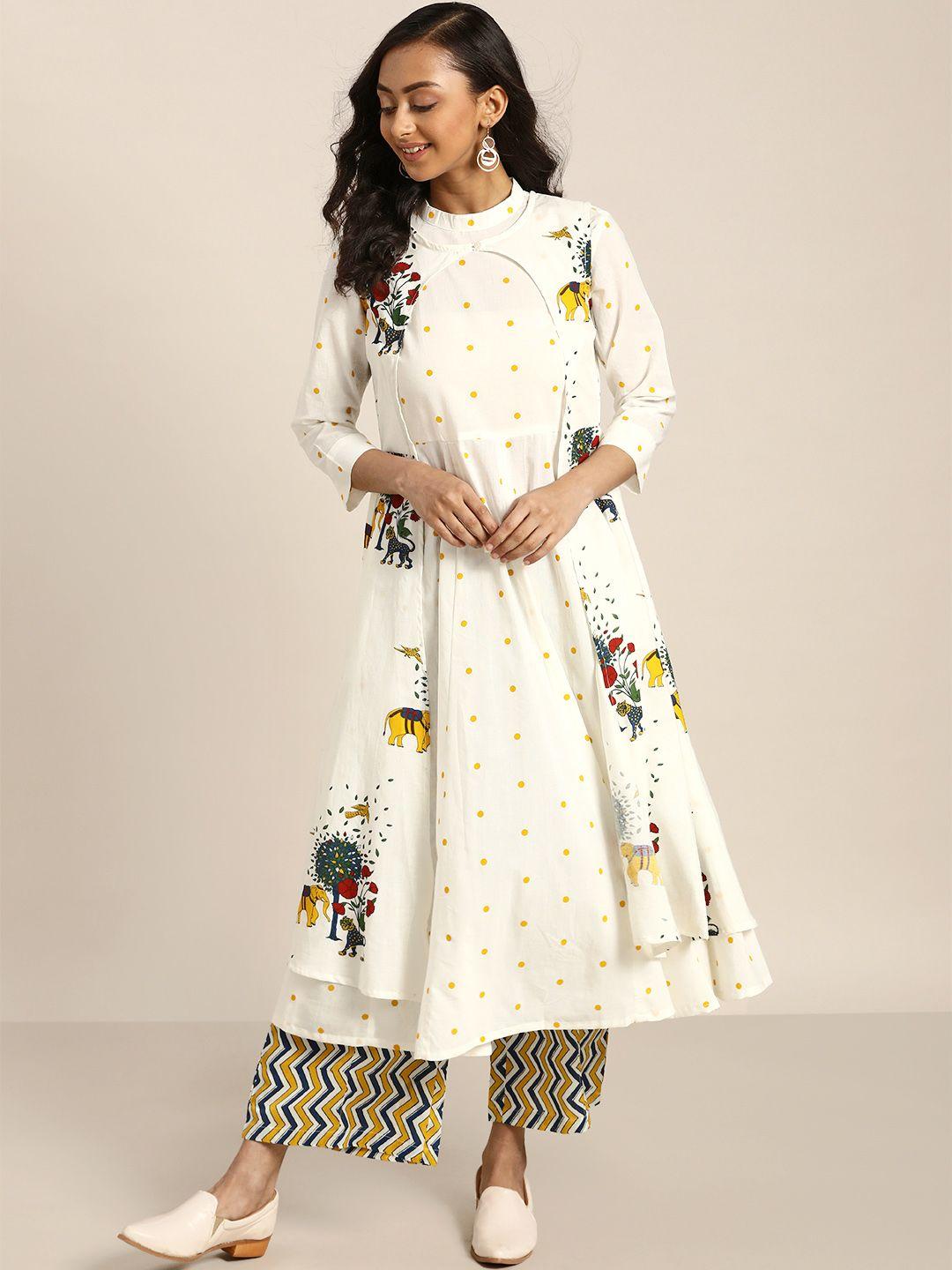 sangria women off-white & yellow printed pure cotton anarkali kurta with palazzos