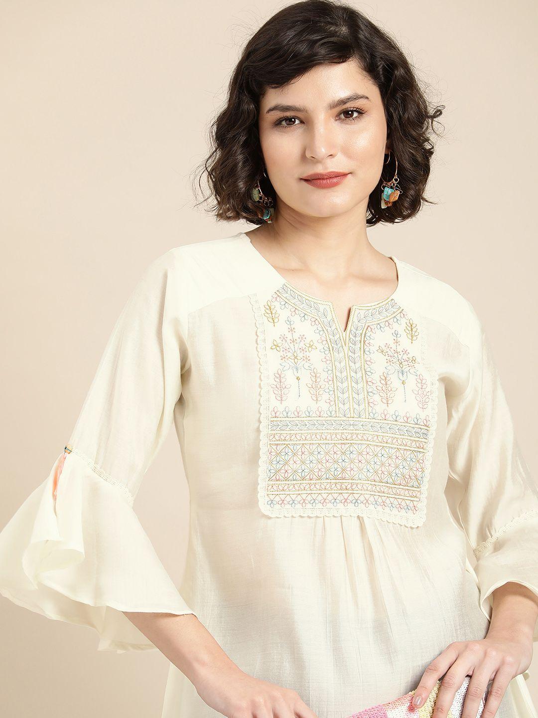 sangria women off white ethnic motifs embroidered longline ethnic top