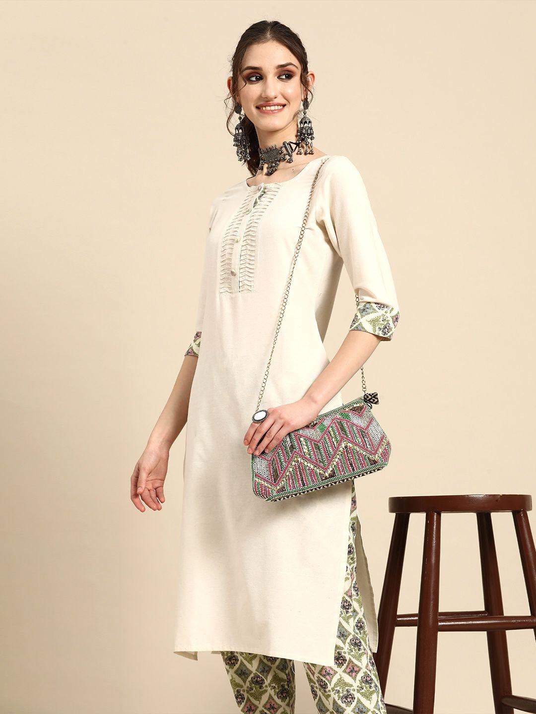 sangria women off white ethnic motifs regular beads and stones kurta with trousers