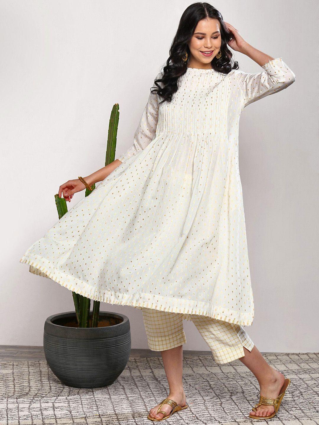 sangria women off-white printed kurta with crop trousers