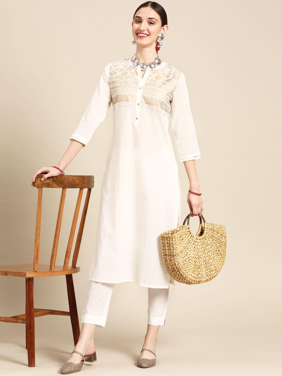 sangria women off white yoke design pure cotton kurta with trousers