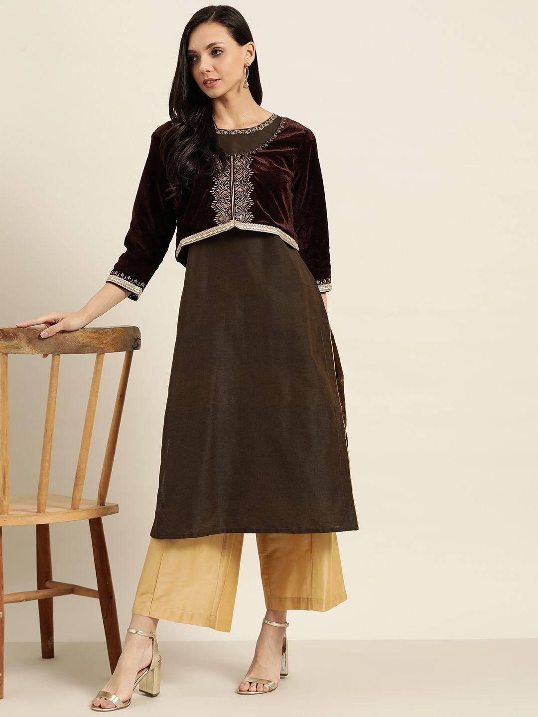 sangria women olive brown solid straight kurta with ethnic jacket