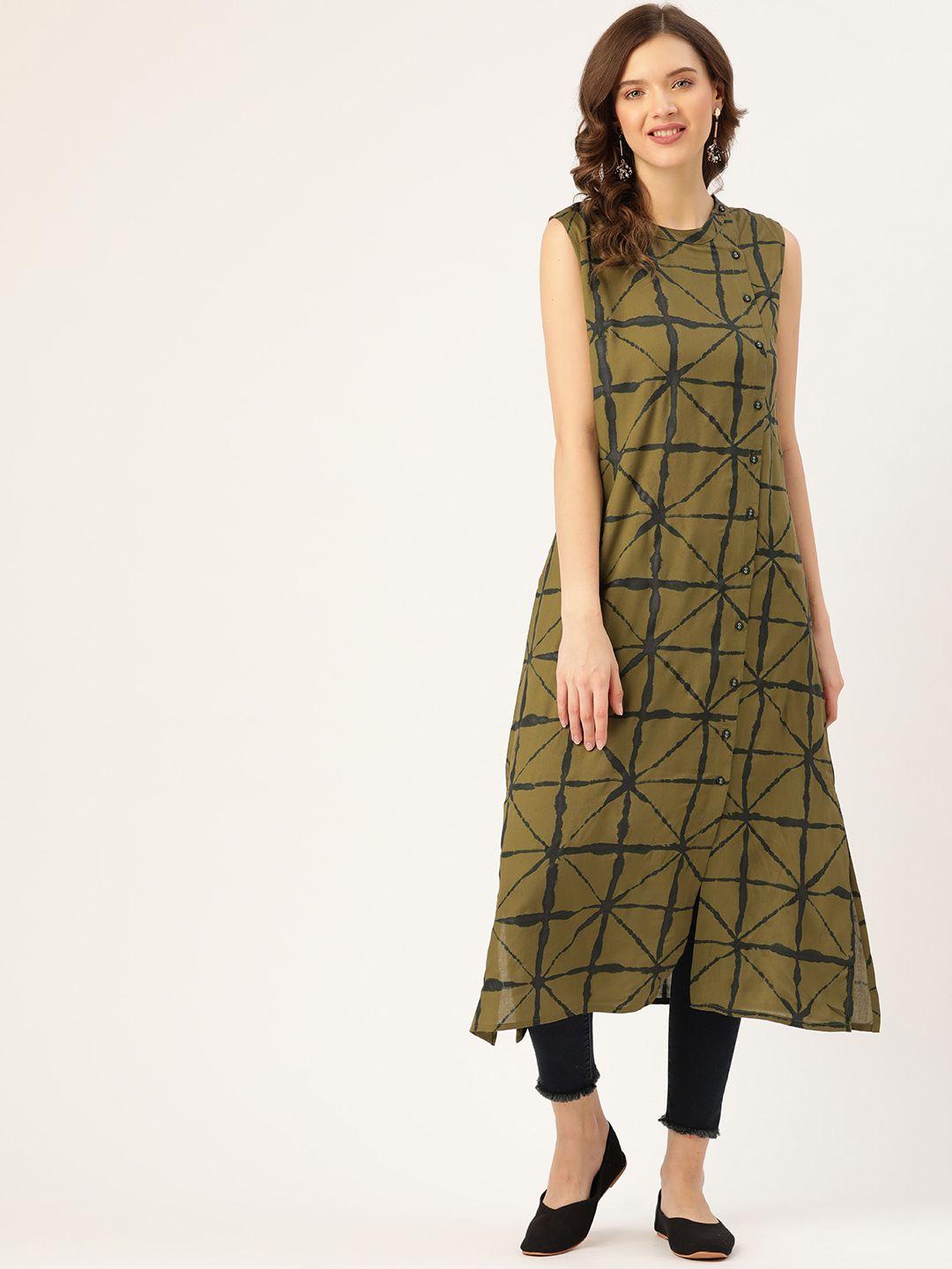 sangria women olive green & black geometric printed kurta