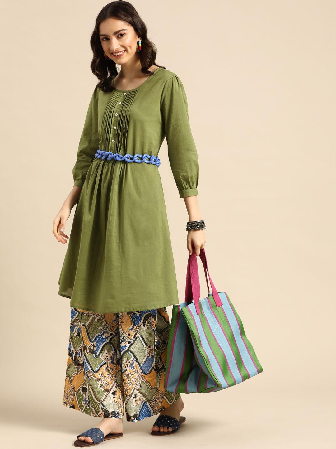sangria women olive green & blue solid pure cotton kurta with palazzos