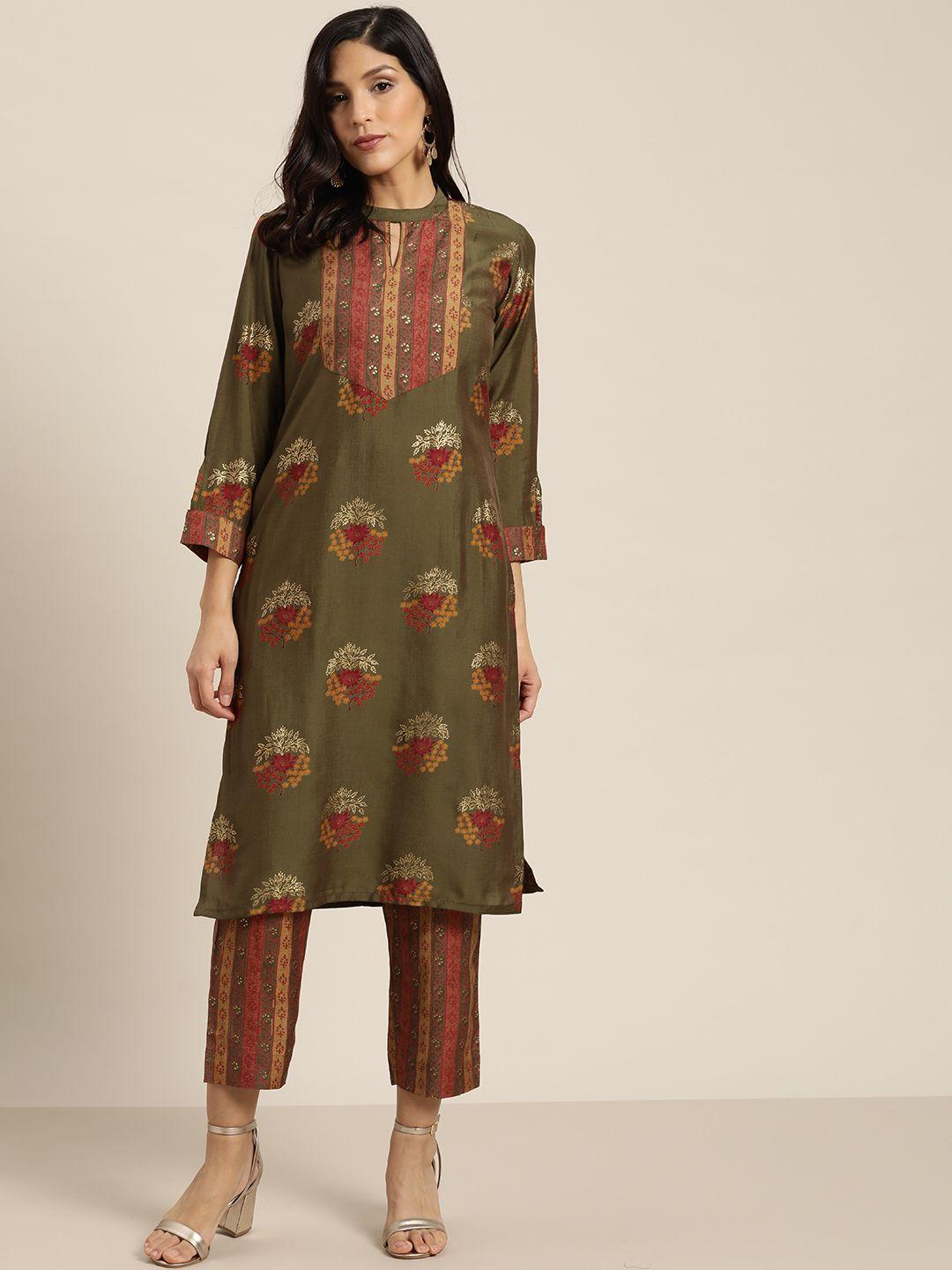 sangria women olive green & maroon foil print kurta with trousers